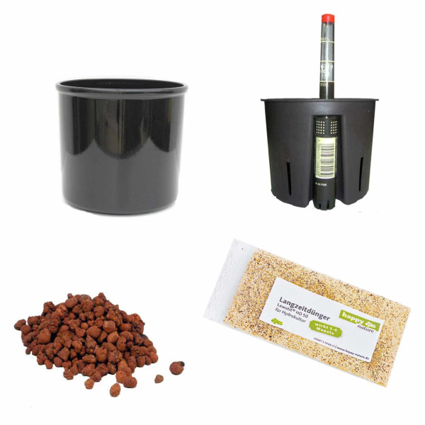 Set5 Kunststoff Blumentopf Corona schwarz+Bewässerungs-Set für Hydropflanzen