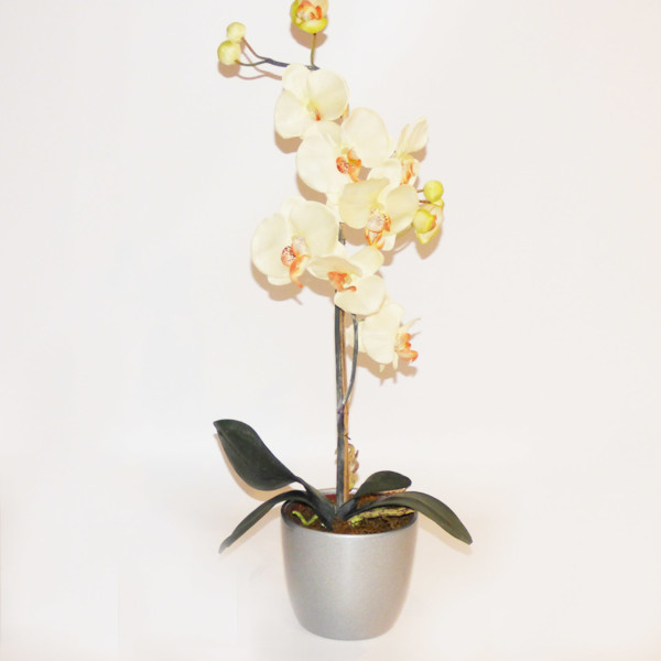 Kunstblume Orchidee gelb in einem silbernen Übertopf  Höhe 68cm, 13 Blüten