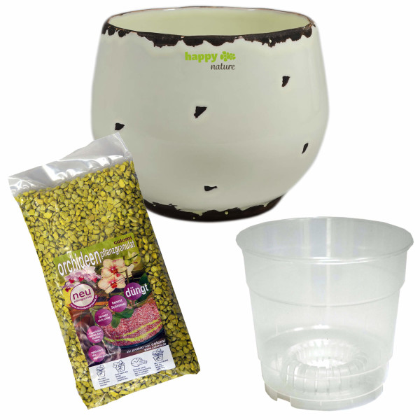 premium Set 3-teilig Keramik Blumentopf Kos altweiß Orchideen